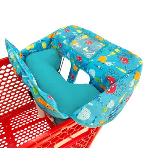 Soft Pillow Attached 2-in-1 Shopping Cart and High Chair Cover for Baby~Padded~Fold'n Roll Style~Portable with Free Carry Bag (Blue Seaworld)