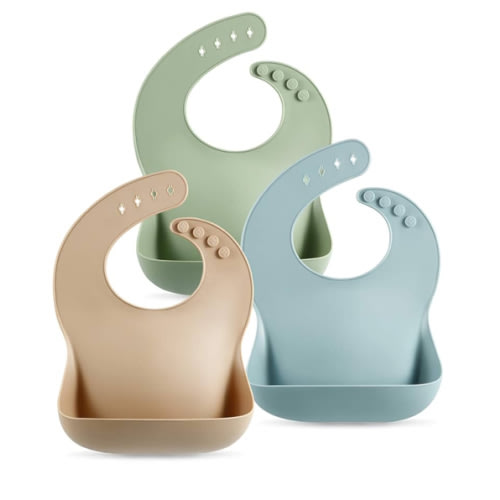 PandaEar Set of 3 Silicone Baby Bibs Waterproof, Soft, Unisex, 10-72 Months (Brown/Blue/Green)