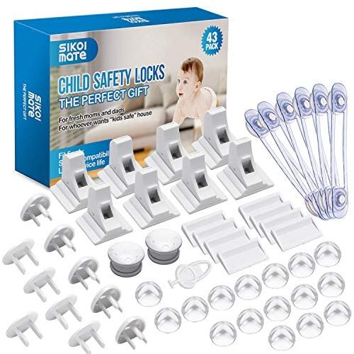 Baby Proofing, 43 Pcs Cabinet Locks Child Safety- 8 Magnetic Cabinet Locks+2 Keys, 16 Clear Corner Protectors, 10 Outlet Plugs, 6 Child Safety Locks, No Drill Required Baby Proof Set