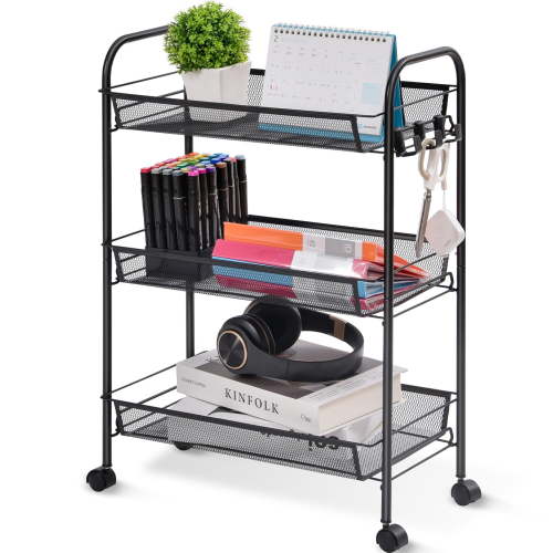 KK KINGRACK 3 Tier Rolling Cart Organizer, Mesh Cart with Wheels, Utility Cart for Office, School,Storage, Black