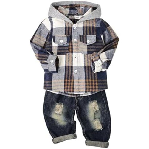 Toddler Baby Boy Fall Winter Clothes Long Sleeve Plaid Hooded Sweatshirt Ripped Holes Jeans Set 1-5 Years Old