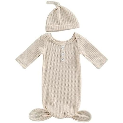 Newborn Knotted Gowns, Baby Girl Boy Knitted Sleep Sack Suit, Super Soft Silky Infant Long Sleeve Sleeper with Hat