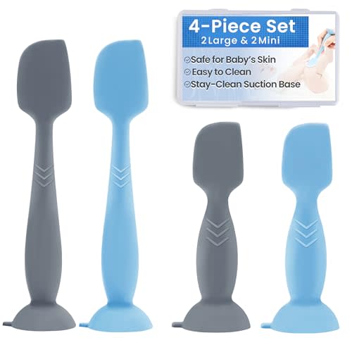 4-Pack Diaper Cream Spatula – Soft-Flex Silicone Butt Spatula for Babies, 2 Large & 2 Mini with Travel Case, Gentle Yet Firm Tip for Smooth, Even Diaper Rash Cream Application, Newborn Baby Essential