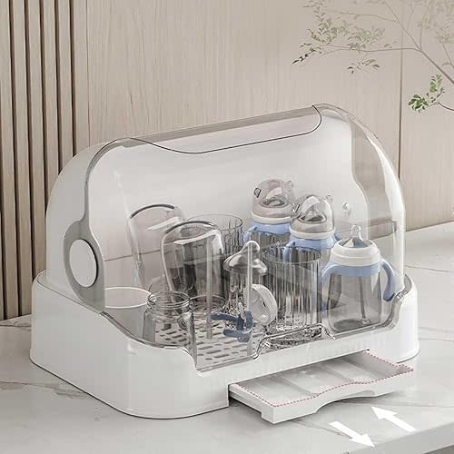 Baby Bottle Drying Rack with Lid Baby Bottle Storage Dustproof Baby Bottle Storage Box with Removable Drain Tray Portable Baby Bottle Organizer with Cover Reusable Bottle Holder (White, 40*29*27CM)
