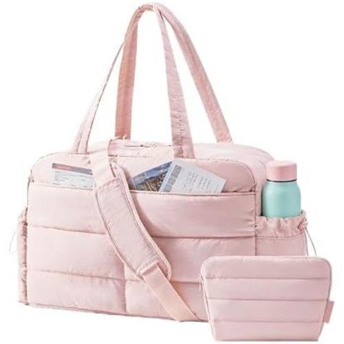 BAGSMART Gym Bag for Women, Lightweight Puffer Duffle Bag 2-PC Travel Bag, 31L Weekender Overnight Bag Quilted Carry On Tote Bag, Diaper Hospital Dance Bag for Travel, Gym, Water Resistant, Pink