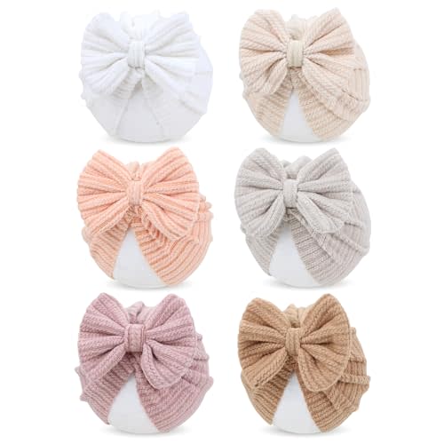 Cinaci 6 Pack Nursery Hospital Caps Bonnets Beanies Headwraps Turban Hats with Bow for Baby Girls Newborns Infants Toddlers