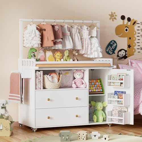 PAKASEPT Baby Changing Table, Infant Diaper Changing Station with Wheels & Wide Table Top & Clothes Rail, Baby Cloth Organizer with Two Drawers and Cabinet for Nursery and Kids Bedroom