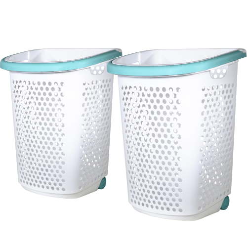 Home Logic 2 Bushel Rolling Plastic Laundry Hamper with Pop-up Handle, White, 2 Pack