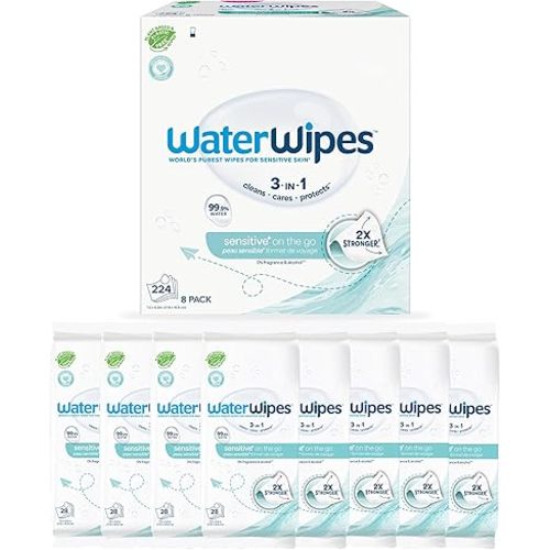 WaterWipes Sensitive+ On The Go Wipes, 3-In-1 Cleans, Cares, Protects, 99.9% Water, Unscented & Hypoallergenic Wet Wipes, 224 Count (8 Packs)