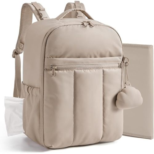 BAGSMART Baby Diaper Bag Backpack, Lightweight Puffy Diaper Bag with Insulated Pockets& Pacifier Case, Travel Stroller Straps with Waterproof Changing Pad, Camel