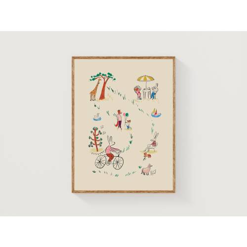Vintage Ludwig Bemelman Inspired Poster Print | Hand Drawn Scene Toile Gouache Printable Nursery Art | Gender Neutral Playroom Decor