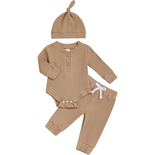 Newborn Baby Boy Clothes Long Sleeve Ribbed Bodysuit Pants Hat 3-Piece Outfit Set
