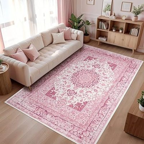 6x9 Washable Rugs for Living Room, Faux Wool Vintage Rug for Bedroom Dining Room, Low Pile Soft Boho Floor Covering Carpet Retro Distressed Medallion Mat Traditional Interiors, Pink