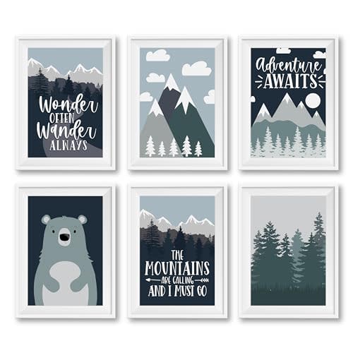 Hadley Designs 6 Reversible 8x10 Adventure Decor Prints - Unframed Adventure Wall Art, Mountain Nursery Decorations for Boys Bedroom or Mountain Baby Room, Made in the USA