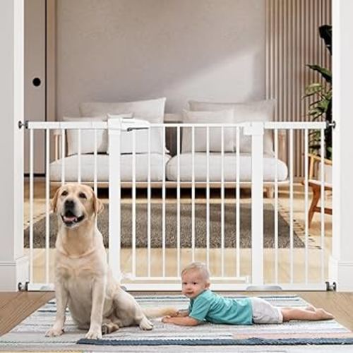 BABELIO 29-55 Inch Extra Wide Baby/Dog Gate, PressGuard P7, Metal Auto Close, Pressure Mounted Pet Door for Doorways, NO Need Tools and Drilling, with Wall Cups, White
