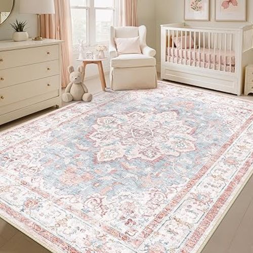 Machine Washable Rugs Nursery Rug 5x7 Cute Girl Non Slip Low Pile Water Repellent Soft Print Pattern for Bedroom Indoor Decor Kids Playroom Pinkblue