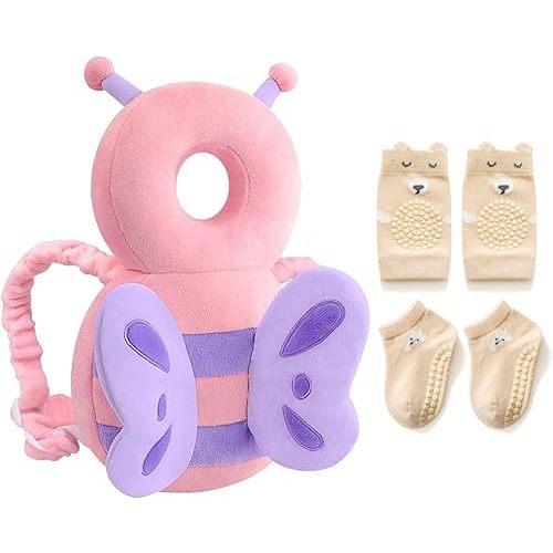 Protector de cabeza para bebé, mochila protectora para la cabeza, ajustable, ligero y transpirable, mariposa rosa