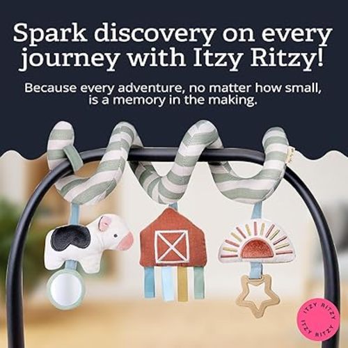 Itzy Ritzy Spiral Car Seat & Stroller Activity Toy - Stroller & Car Seat Toys for Ages 0 Months and Up - Hanging Toys Include Dangling Ring, Mirror and Textured Ribbons (Farm)
