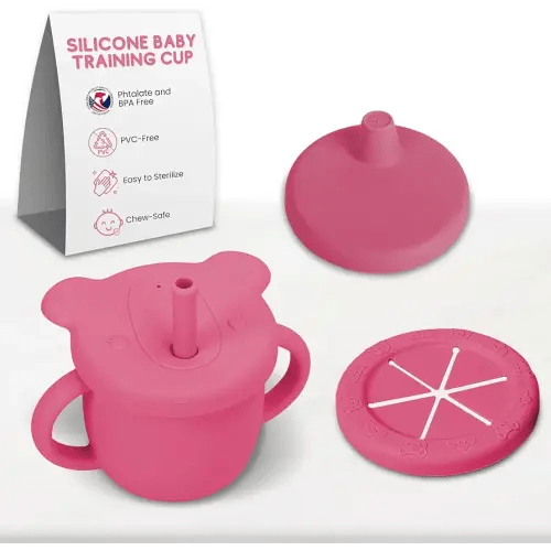 Silicone Baby Training Cup - BPA-Free Versatile Cups for Babies w/ 3 Lids & Straw - Baby Sippy Cup with Straw, Baby Straw Cup, Silicone Cups for Baby, Baby Water Cup (Cotton Candy Pink, 250ml)