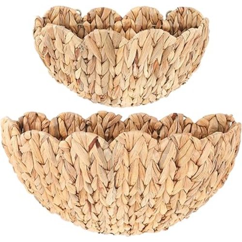2 Pack Scalloped Wall Baskets Hanging Baskets Large and Small Decorative Woven Storage Holder for Home Bathroom, 16 x 10.6 x 7 and 14 x 7.9 x 5.7 Inch (Natural,Water Hyacinth)