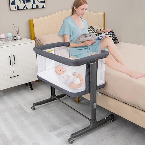 INFANS 3 in 1 Baby Bassinet, Bedside Sleeper for Newborn, Folding Crib with Mattress, Travel Bag, Wheels, 4-Sided Mesh, Easy to Assemble Cradle Co Sleeper Stationary, Rock (Dark Grey)