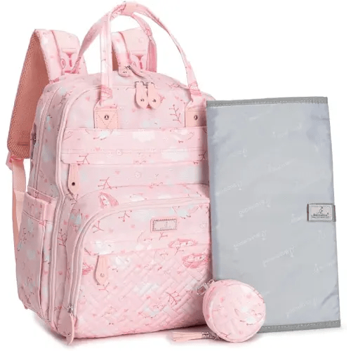 BabbleRoo Diaper Bag Backpack - Baby Essentials, Travel Essentials Baby Bag with Changing Pad, Stroller Straps & Pacifier Case - Unisex, Pink Birdy