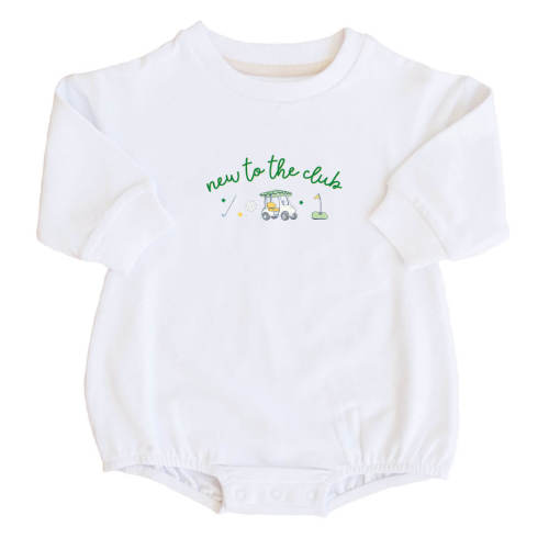 New To The Club Graphic Sweatshirt Bubble Romper | White