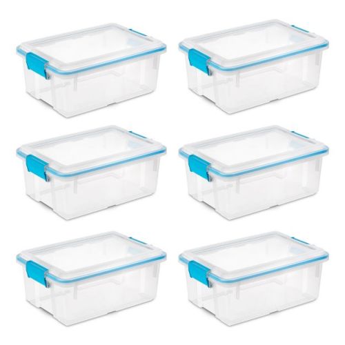 Sterilite 12 Qt Gasket Box, Stackable Storage Bin with Latching Lid and Tight Seal, Plastic Container to Organize Basement, Clear Base and Lid, 6-Pack