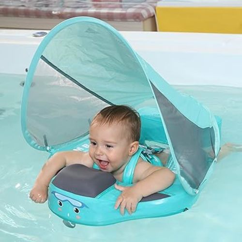 Mambobaby Float Add Tail Newest Baby Swim Float with Canopy Solid Pool Infant Swim Trainer Swimming Training Lying Air Free Water Floats Non-Inflatable Waist Swim Ring for Toddlers (Green Mambo Fish)