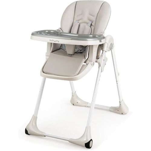 BABY JOY Convertible High Chair for Babies & Toddlers, Height Adjustable, Grow & Go High Chair w/Recline & Footrest, Removable Double Tray, Portable Baby Dinning Chair with Wheels (Gray)