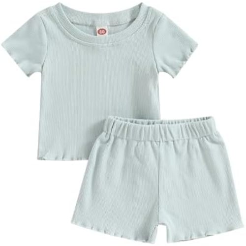 Kupretty Toddler Baby Girl Summer Clothes Ruffle Ribbed Knit Short Sleeves T-Shirt Tops + Shorts Cute Outfits Set