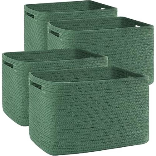 4 Pack Storage Baskets for Organizing, Woven Baskets for Shelves - Perfect for Toys, Books, Towels, and Clothes, Durable Gift Basket Bins Toy Storage, 12.7''L x9''W x7.8''H, Green