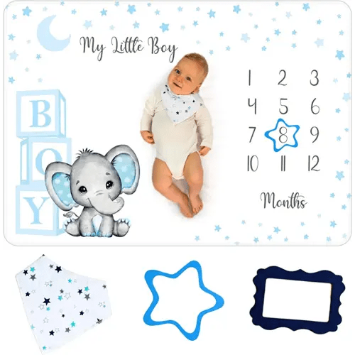 Baby Monthly Milestone Blanket Boy - Premium Extra Soft Fleece Blanket for Baby Shower - Newborn Month for Baby Boy Nursery Decor - Capture Baby Growth - with Baby Bib + 2 Frames