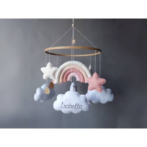Baby mobile girl Rainbow crib mobile Cloud nursery mobile musical for baby girl boho nursery decor Felt pink milky stars cot mobile hanging
