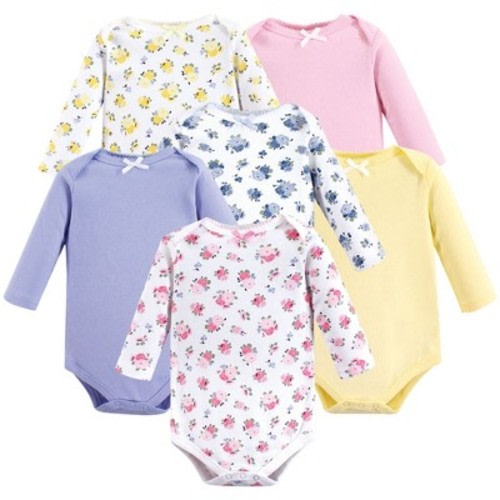 Luvable Friends Baby Girl Cotton Long-Sleeve Bodysuits 6pk, Floral, 0-3 Months
