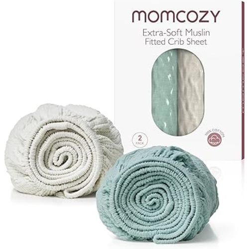Momcozy Muslin Standard Fitted Crib Sheets, 52"x28", 2 Pack Soft Breathable Natural Cotton Baby Mattress Sheet, 360° Mattress Wrapping No Slip Boys Girls Neutral Toddler Bed Sheet, Crisp Green Grey