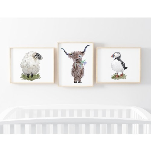 Scottish Highland Animal Nursery Decor | Watercolor Sheep, Puffin & Highland Cow Hairy Coo Print | Baby Animal Decor | Baby Boy Playroom Art