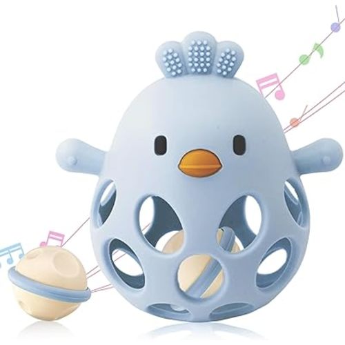 2-in-1 Baby Teething Toy, Easy Grasp Oball Rattle & Teether Toy for Babies 0-12 Months, 100% Food Grade Silicone, 3-6 6-12 Month Baby Teething Relief Toy, BPA Free (Blue)