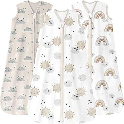 Baby Sleep Sack 6-12 Months 0.5 Tog Wearable Blanket Baby, 3 Pack 100% Cotton Lightweight Sleeping Sack with 2-Way Zipper for Newborn Infant Apricot White Sun Clouds