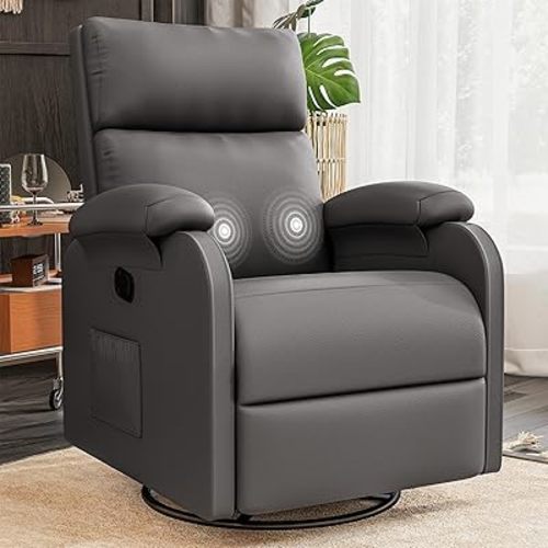 Homall Recliner Chair, 360 Swivel Rocking Chair for Adults, Massage Nursery Chair with Adjustable Backrest and Footrest, PU Leather Glider Rocker Recliners with Side Pocket for Living Room (Grey)