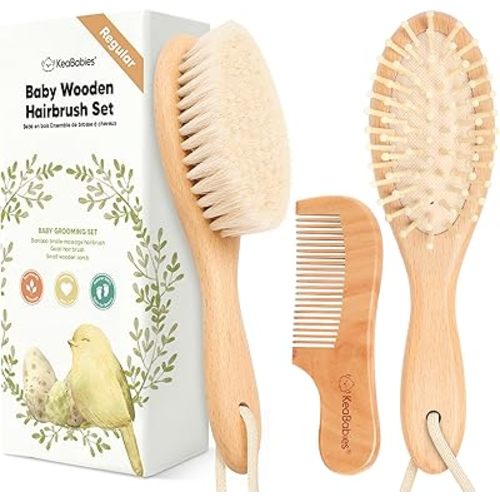 Baby Hair Brush Set for Newborns - Soft Goat Bristle Wooden Baby Brush and Comb Set Newborn Grooming Kit for Cradle Cap, Durable & Gentle, Boy, Girl Infant Essentials Care Kit Brush (Regular, Walnut)