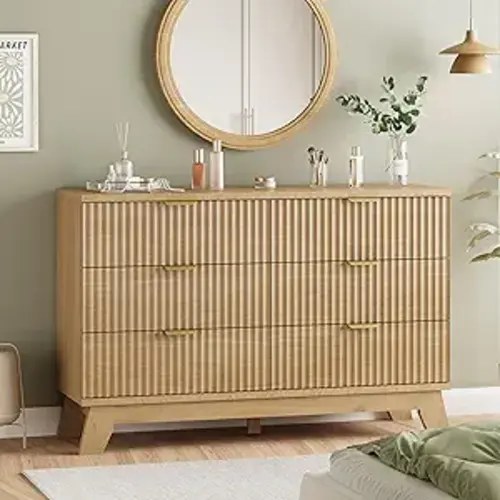 Fluted Dresser for Bedroom with 6 Drawers, 48" Wide Modern Chest of Drawers with Metal Handle, Wooden Dresser TV Stand, Wood Closet Clothes Storage Organizer for Living Room, Hallway, Natural Oak