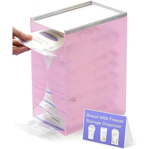 Freezer Organizer for Breast Milk Storage Bags, Frist-in First-Out Freeze Flat Breastmilk Storage Container for Fridge, Baby Food Containers for Pump Breastmilk, Breastfeeding Essentials - Pink