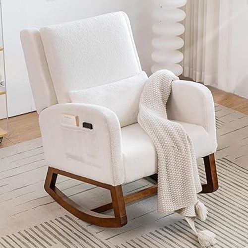 COCO DESIGN Teddy Rocking Chair for Nursery, Sherpa Rocking Chair for Living Room, Modern Glider Rocker Chair with Pillow and Side Pocket, Solid Wood Base