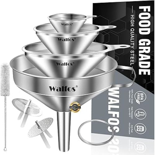 Stainless Steel Funnel, Walfos 4 Pack(4in、3 in、2.2 in、1.7in Kitchen Funnel with 2 Removable Strainer & 1Pcs Cleaning Brush, Perfect for Transferring of Liquid, Oils, Jam, Dry Ingredients & Powder