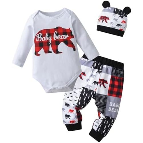 Newborn Infant Baby Boy Clothes Print Long Sleeve Bodysuit + Pants + Hat 3 PCS Outfits Set