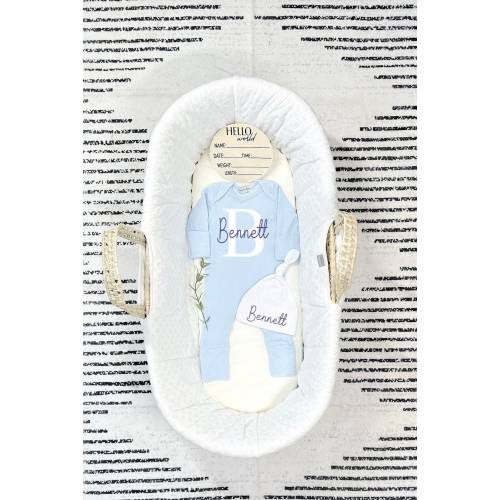 Newborn Boy Coming Home Outfit, Newborn Baby Romper Footie Light Blue, Monogram Initial, With Fold over Hand Mitts & Feet, Mama Bijou