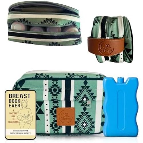 Breastmilk Cooler Bag with Ice Pack Fits 4 Baby Bottles - Dual Pocket Insulated Breast Milk Cooler Travel Bag - for Nursing Moms Daycare - Beautiful Printed Breastmilk Storage Bottle Bag - Green
