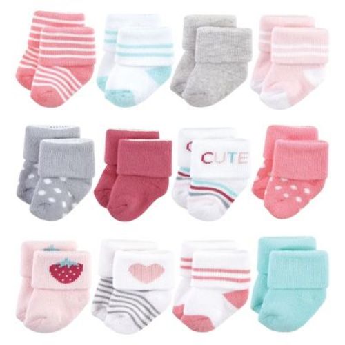Hudson Baby Infant Girl Cotton Rich Newborn and Terry Socks, Strawberry 12Pk, 0-6 Months