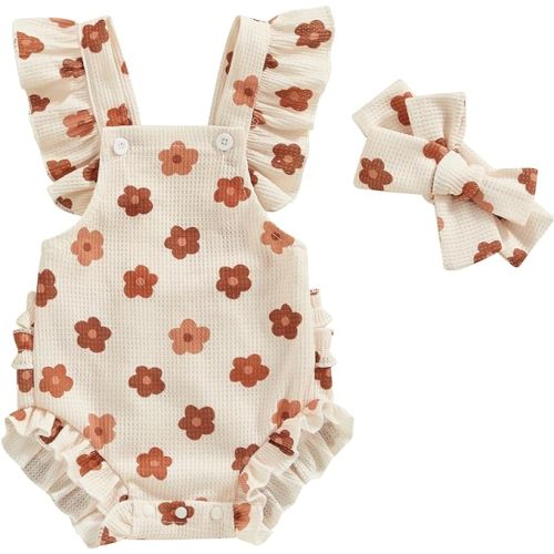 ​Infant Baby Girl Summer Clothes Outfits Cute Print Fly Sleeve Romper Jumpsuit Bodysuit with Headband